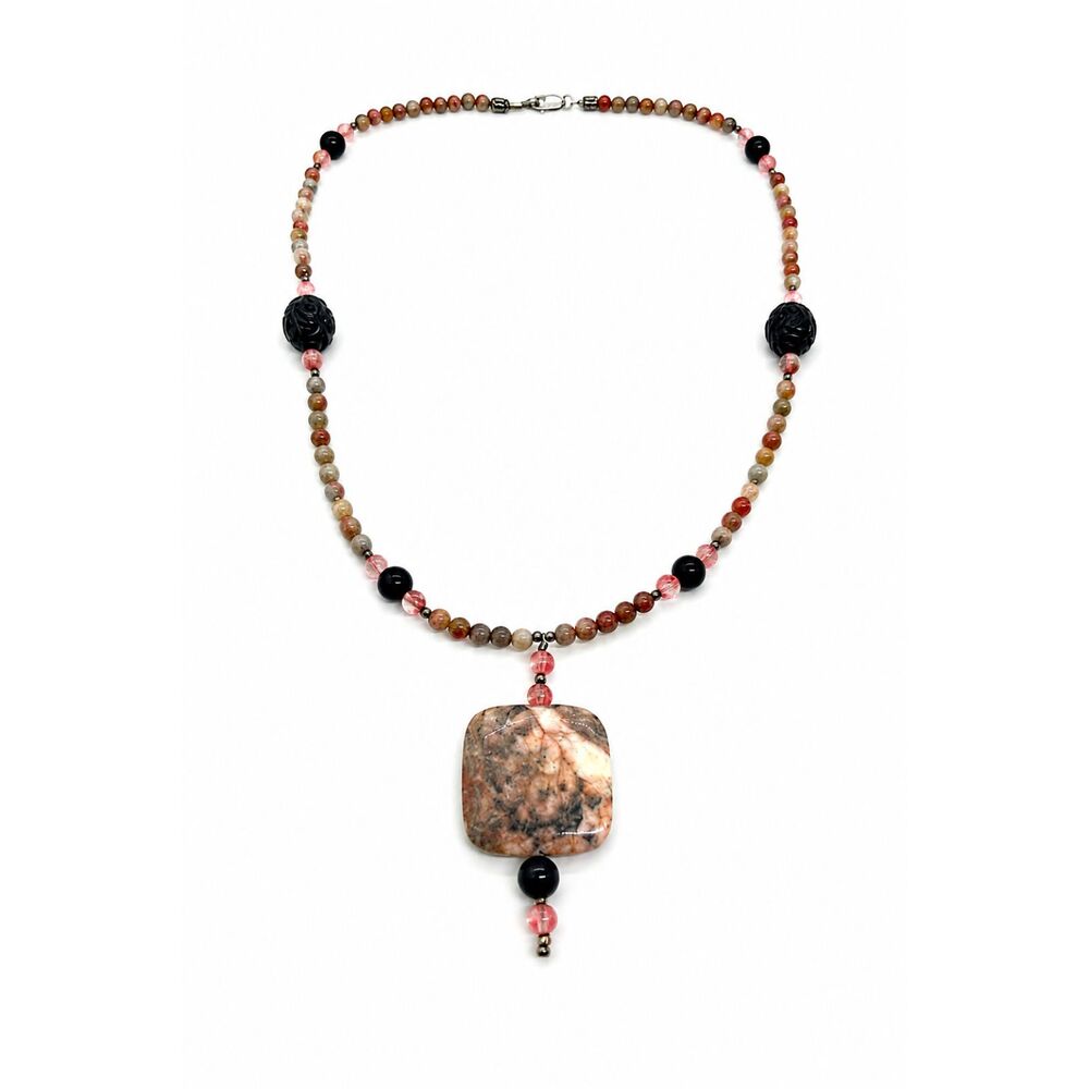 VINTAGE STONE BEAD NECKLACE Longevity Symbol Carved Black Beads Pendant